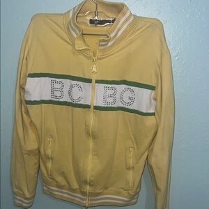 BCBG Yellow Zip-Up Jacket with Green and White Stripes